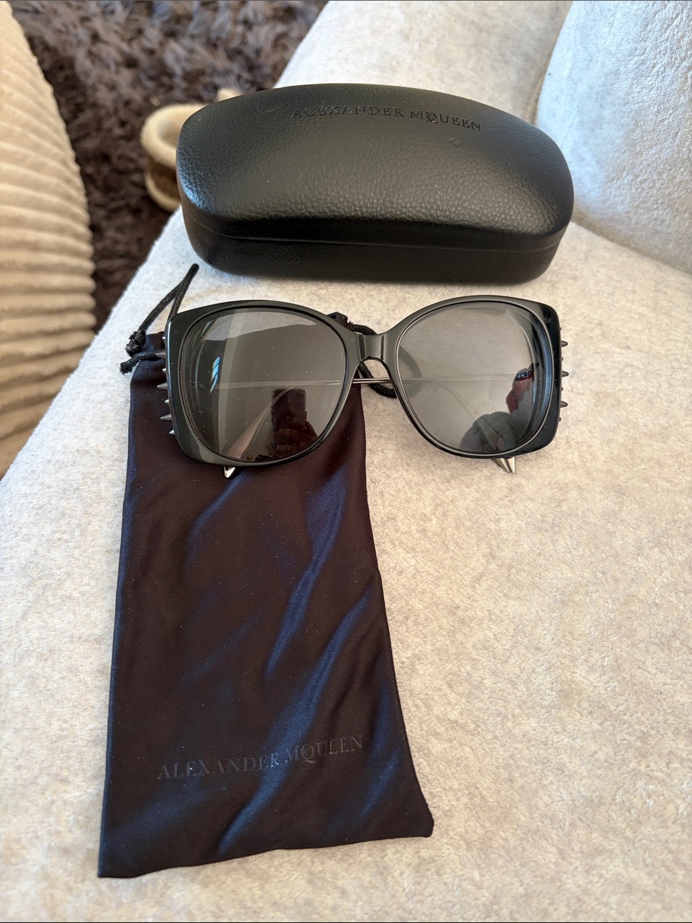 Alexander McQueen Studded Black Sunglasses with Dark Gray Lenses and Case